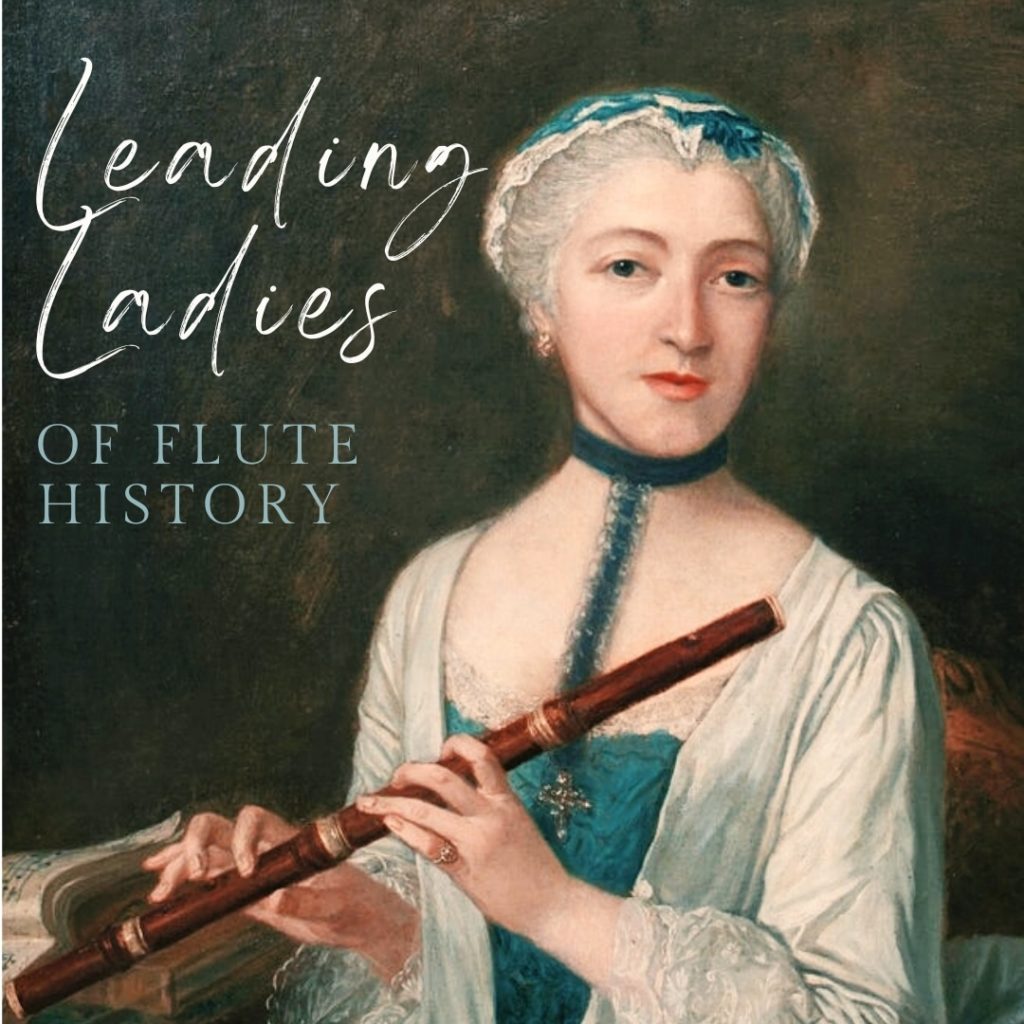 An unknown 18th century woman in a blue and white longsleeve dress and cap, with a matching blue lace choker. She holds a wooden flute as if getting ready to play, and an open book of music rests on the desk behind her.