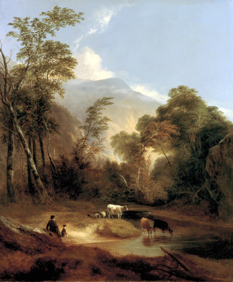 Painting of a man and a dog sitting on the bank of a winding river.  Two cows drink out of the river, while another cow stands farther back on the riverbank next to three sheep.  Trees line the background of the scene, and a distant mountain with blue sky above make up the top of the painting.  