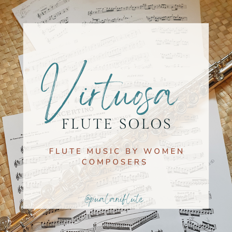 A flute lays diagonally across several pages of sheet music spread out on a pandanus leaf mat. On a square, semi-translucent white overlay, text reads: Virtuosa Flute Solos: Flute Music by Women Composers