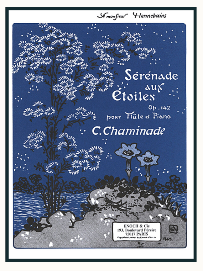 Art deco cover for Cecile Chaminade's flute piece, "Serenade aux Etoiles." A tall bush of small white flowers grows out of a rocky riverbank, with a blue night sky in the background. 